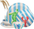 Unbreakable Dinnerware Set for 4 Natul with Blue Stripe Lobster Crab 12 Piece Melamine Wheat Straw BPA Free Lightweight Dishwasher Safe Shatter Resistant for Camping Outdoor RV Party
