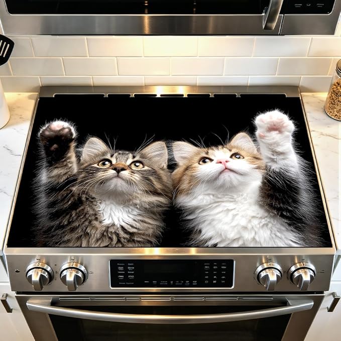 Stove Top Cover for Electric Stove 28.4 x 20.5 Inch Non Slip Stove Mat Oil Proof Two Kittens Glass Cooktop Protector Kitchen Counter Mat