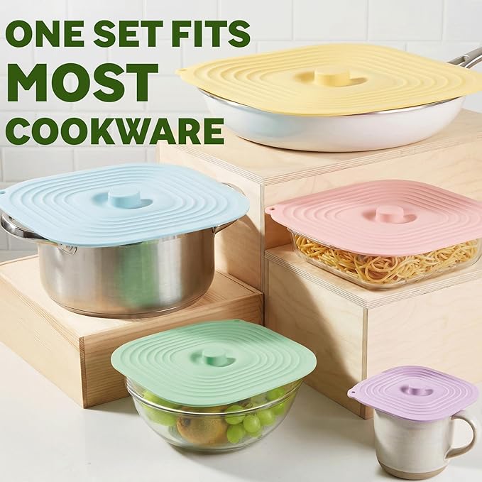 Microwave Splatter Cover for Food, 5 Pack Silicone Reusable Lids, Airtight Suction Covers for Bowls Cups Pots Pans Skillets, Heat Resistant BPA-Free, Microwave Oven Fridge Dishwasher Safe