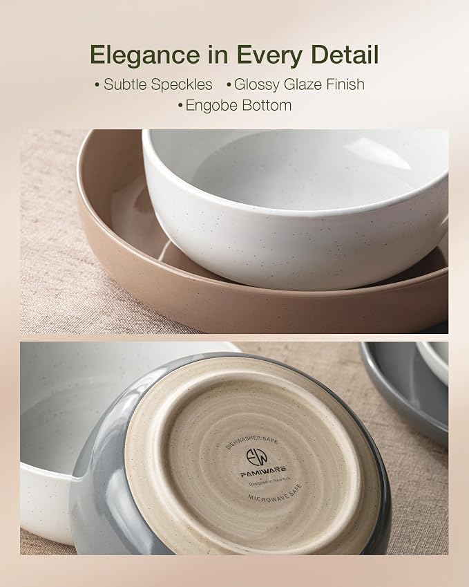 Famiware Milkyway Stoneware Dinnerware Sets with Pasta Bowls, Service for 4 (16 Pieces), Plates and Bowls Sets -Scratch Resistant, Microwave and Dishwasher Safe Dishes Set, Multi-color