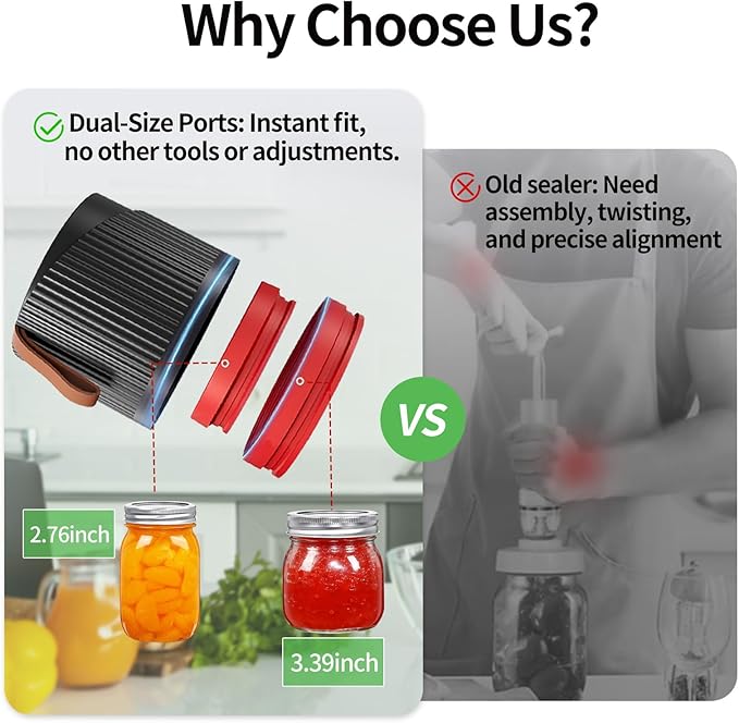 Electric Mason Jar Vacuum Sealer Kit for Wide and Regular Mouth Jars - Vacuum Sealer Machine with -80kpa Suction, Automatic One-Button Operation for Food Storage
