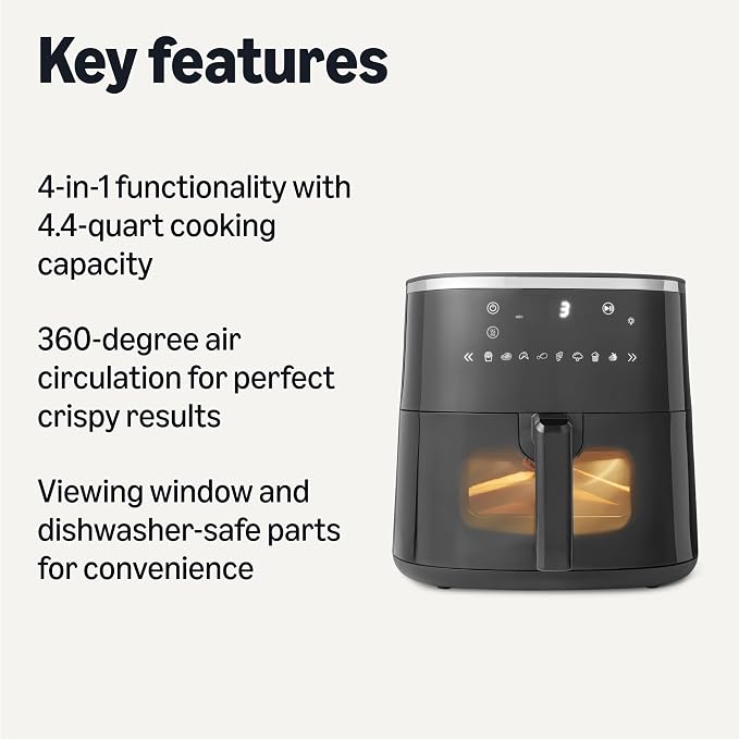 Amazon Basics 4.4-Quart Digital Air Fryer with Easy View Window, 8 Preset Menus, Digital Touch Controls, 140℉-400℉ Temperature Range, 1400W, Black