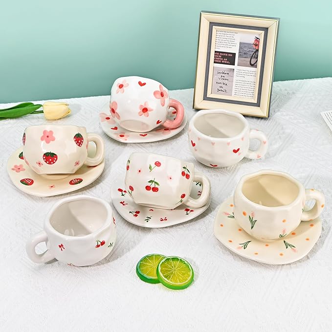 Koythin Ceramic Coffee Mug with Saucer Set, Cute Pink Tulip Flower Cup Unique Irregular Design for Office and Home, 10 oz/300 ml for Latte Tea Milk