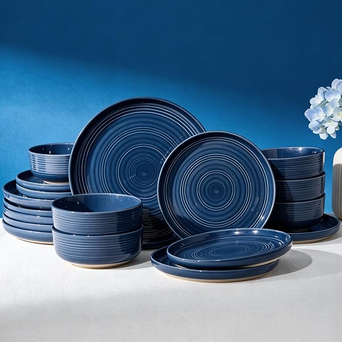 18-Piece Stoneware Dinnerware Sets for 6 - Farmhouse Coupe Plates and Bowls with Speckles & Spirals - Chip & Scratch Resistant, Microwave & Dishwasher Safe - Gift Box, Abysses Blue
