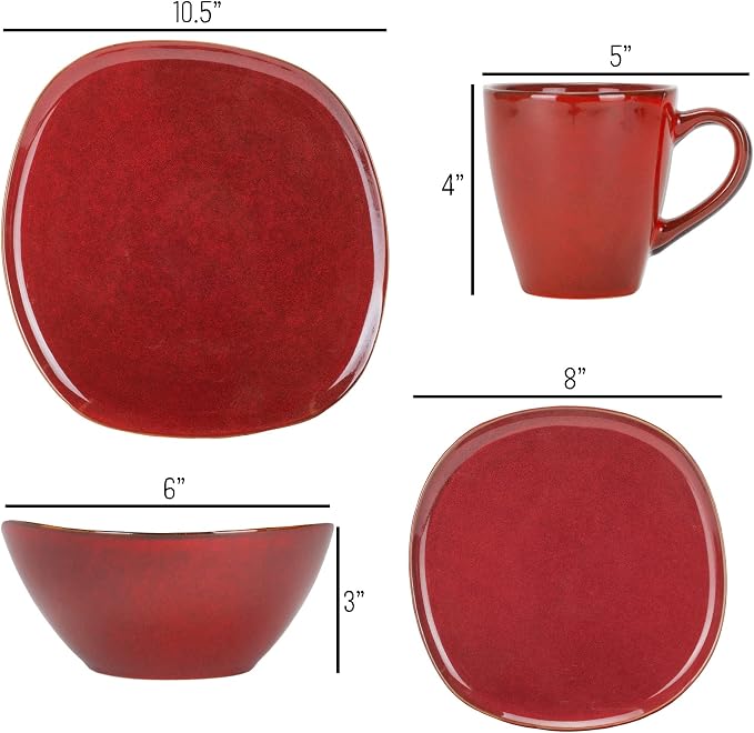 Elanze Designs 16-Piece Modern Luxury Chic Smooth Vintage Handmade Shape High Gloss Ceramic Stoneware Square Plate Mug & Bowl Kitchen Dinnerware 16 Piece Set - Service for 4, Deep Crimson Red