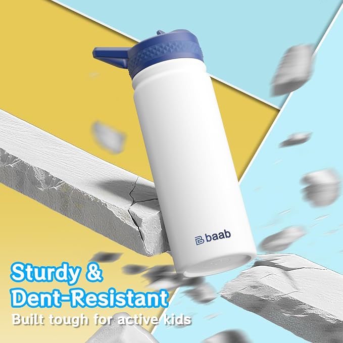baab 18oz Kids Water Bottle, Insulated Water Bottle with Straw & Stickers, 18/8 Stainless Steel Vacuum Leakproof Kids Water Straw Cup for School, Perfect for Boy Girl (White, 1 Pack)