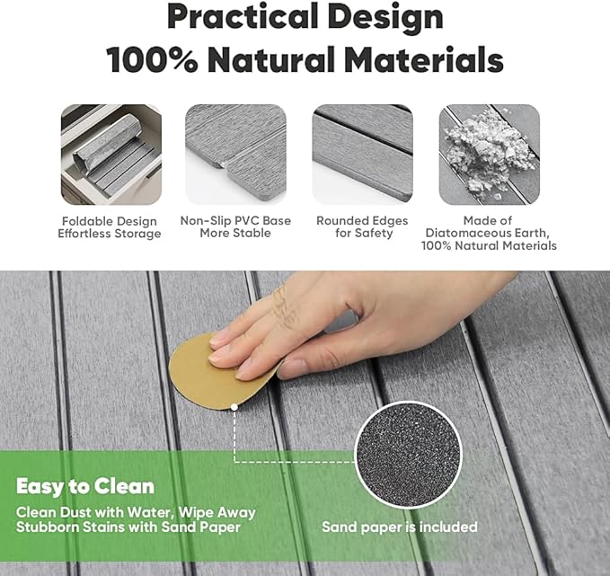 Stone Drying Mat for Kitchen Counter, Quick Diatomaceous Earth Mats for Dishes, 23.6"L x 15.7" W Super Absorbent Fast-Drying Collapsible Countertop Stone Mat (Light Grey, 24" x 16")