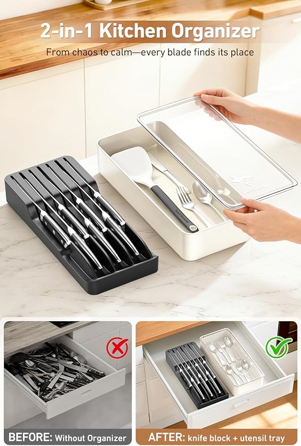 MAD SHARK 2-in-1 Detachable Knife Block & Silverware Organizer, Drawer Knife Holder for 7 Knives, BPA-Free, Blade-Safe Slots, Save Counter Space, Kitchen Drawer or Counter Storage, No Knives