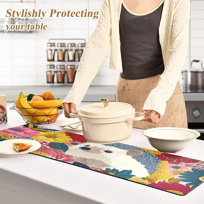 2 in 1 Table Runner Trivet for Hot Pots and Pans Heat Resistant Non Slip Waterproof 39 x 12 Inch Decorative Table Protector for Kitchen Countertop Garden Flowers Hedgehogs Colorful