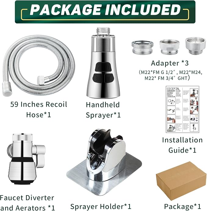 CECEFIN Kitchen Faucet Hose Attachment, 4-Mode ON/Off Sink Sprayer Head with Filter, 4.9Ft Stainless Steel Hose, Water Saving Aerator w/ 3-Way Diverter Valve for Hair Washing Laundry Room & Pet Shower