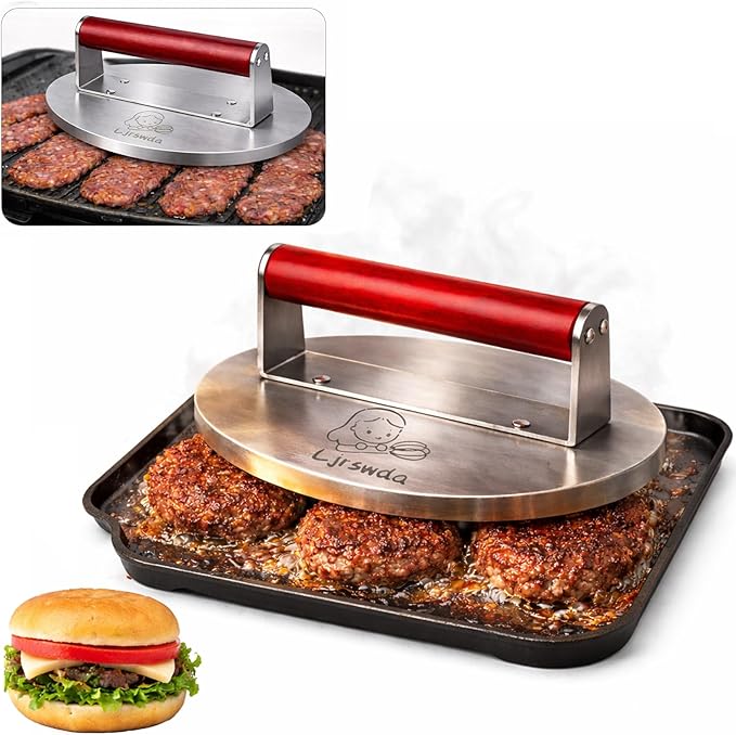 8.5" Extra Large Stainless Steel Burger Press,2.5 Lb Round Metal Burger Smasher,Bacon Hamburger Searing Fish Protein Preheatable Press Weight, Dishwasher Safe,Commercial Grill Griddle BBQ Tool