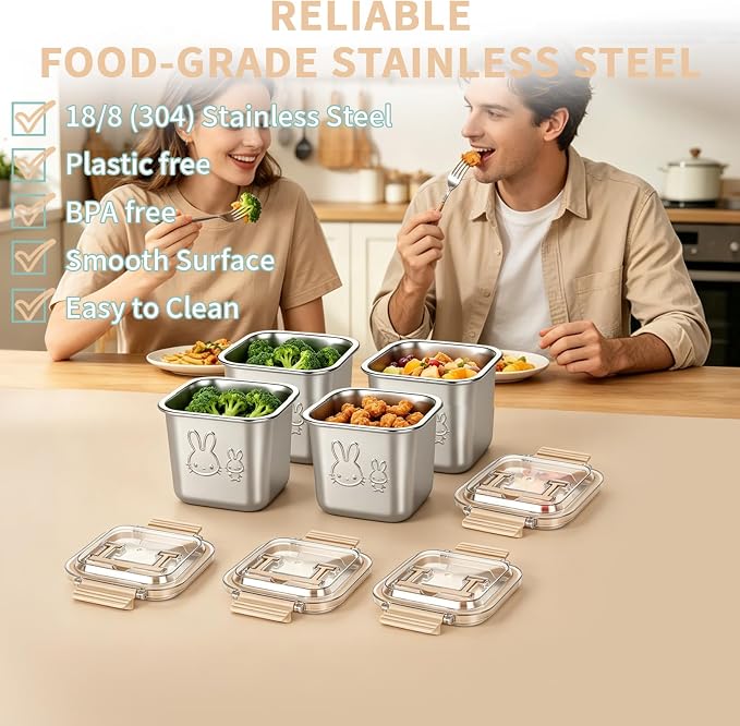 4 Pack Stainless Steel Food Containers with Handle Lids, 850ml 29oz 100% Leakproof Stackable Lunch Box Set, Reusable Metal Snack Containers with Rabbit Print, Food-grade, Dishwasher Safe