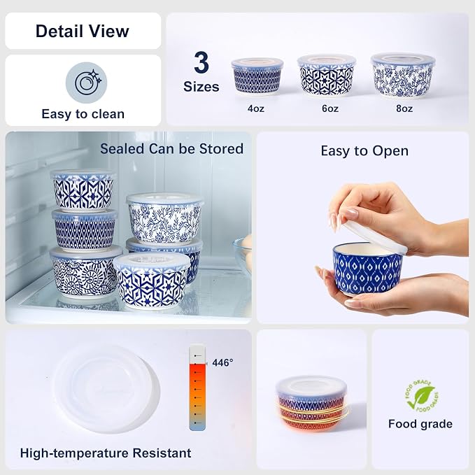 Selamica 6 oz Ramekins with Lids Oven Safe, Creme Brulee Ramekins Souffle Dishes with Covers, Pudding Custard Cups Stackable Ceramic Mini Ramekin Bowls Set for Baking, Dipping, Set of 6, Vintage Blue