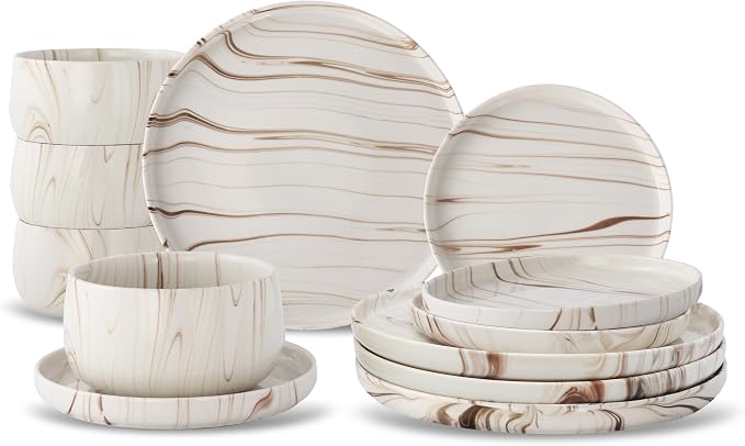 Lorren Home Trends Shiny Marble Pattern Dinnerware Set, 12 Piece Service for 4, Microwave and Dishwasher Safe
