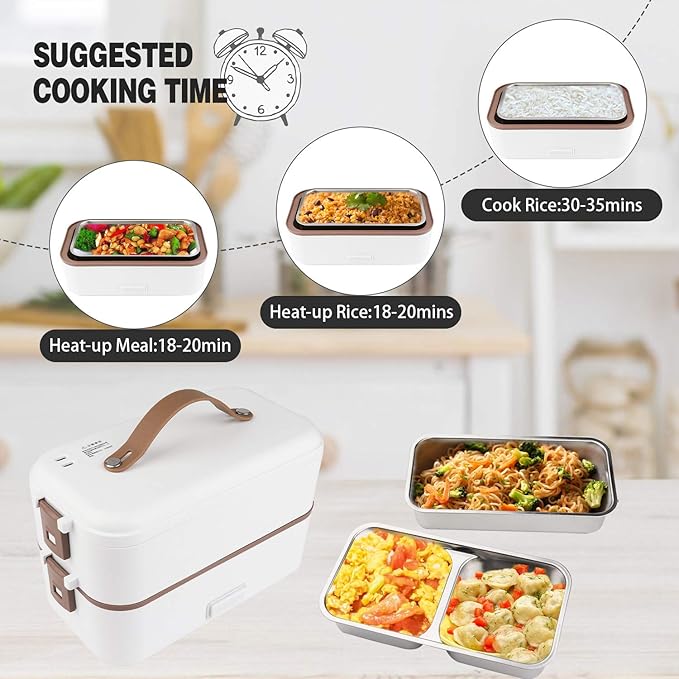 Self Cooking Electric Lunch Box, Portable Food Warmer for On-the-Go,Mini Rice Cooker 2 Layers 800ML Heated Lunch Box for Home Office Cook Food White