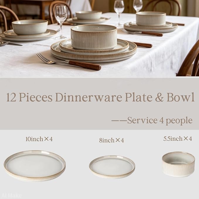 Dinnerware Sets, Plates and Bowls Set for 4, 12 Pieces Ribbed Dishes,Stoneware plates,Plates and Bowls Set for 4, Microwave and Dishwasher Safe Tableware
