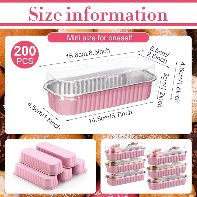 Qunclay 200 Pcs Aluminum Foil Mini Loaf Pans with Lids 6.8 oz Disposable Mini Cake Pan with Lid Rectangle Baking Cups for Party Muffin Cheesecake Ramekins(Pink)
