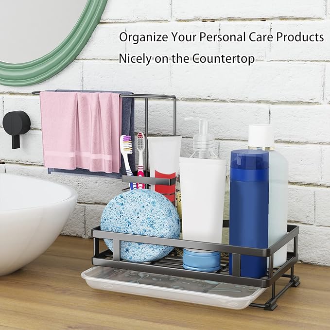 Godboat Sponge Holder for Kitchen Sink, Dish Drying Rack with Auto-Drain, Dish Racks for Kitchen Counter, Glass Rack for 4 Cups, 360° Swivel Spout, Kitchen Sink Organizer with Brush Holder