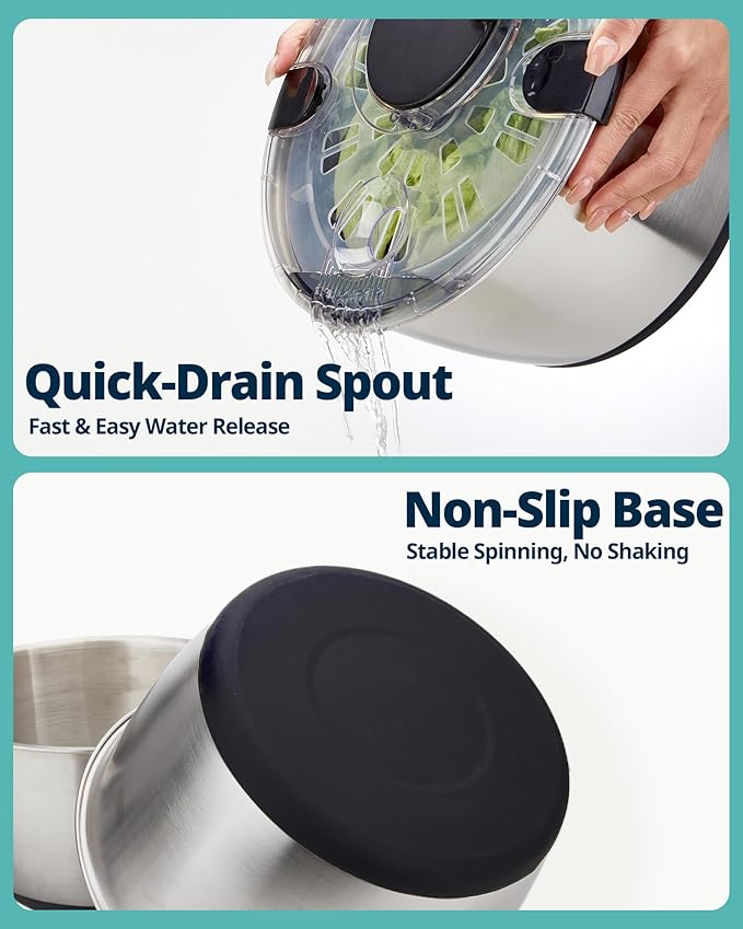 Stainless Steel Salad Spinner, 6.34Qt Large Lettuce Dryer, BPA-Free Vegetable & Fruit Washer with Drain, Easy Clean, Non-Slip Base, Transparent Lid