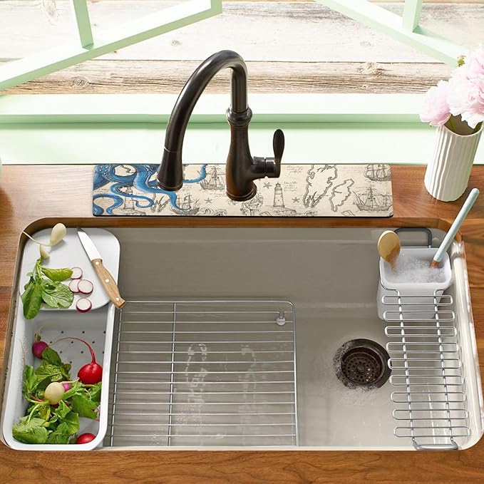Sink Faucet Absorbing Mat, 2 Pack Drying Mat Around Faucet Sink Splash Guard Behind Faucet Sinkmat For Kitchen Bathroom Island Rv 24 * 5.5 Inch (60 * 14 cm)