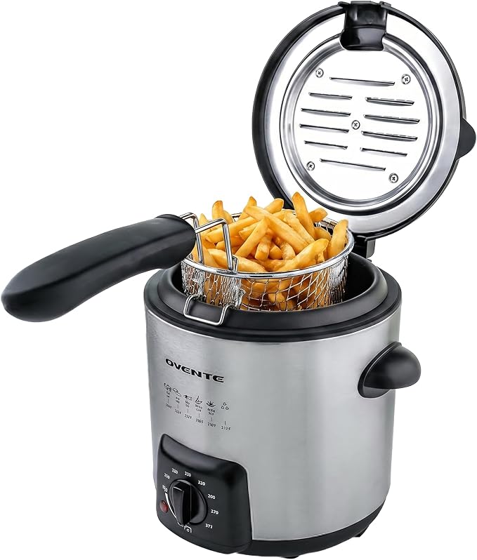 OVENTE Electric Deep Fryer 0.9L Capacity with Locking Lid, Adjustable Temperature Knob, Removable Frying Basket and Cool Touch Handle, 840W Power, Easy to Clean Stainless Steel Body, Silver FDM1091BR