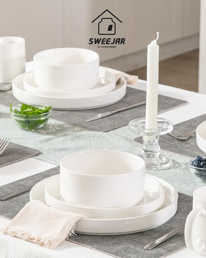 Sweejar Porcelain Dinnerware Sets for 4, 16 Pieces Ceramic Plates and Bowls Set, Classic Modern Simple Kitchen Dinner Dining Ware Set, Dishwasher and Microwave Safe Dishes Sets with Cups(Pure White)