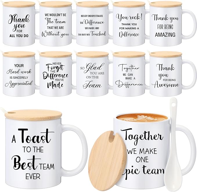 12 Pcs Thank You Coffee Mugs Gifts Bulk Employee Appreciation Gifts Cups 12oz Motivational Ceramic Mugs with Lid Spoon for Team Coworker Volunteer Office