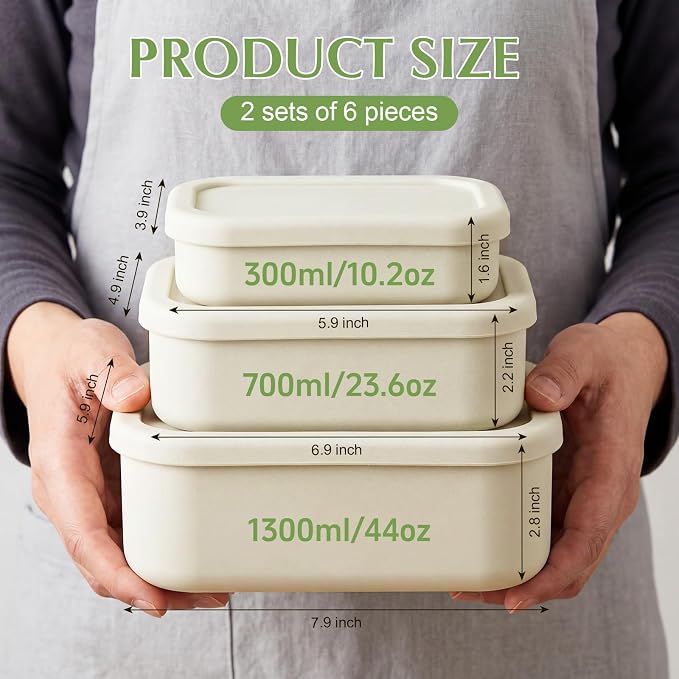 Blushtier 2 Sets of 6 Silicone Food Storage Containers, Reusable Lunch Bento Box with Lid, Hard Shell Storage Containers, Microwave Dishwasher Freezer Safe, 10 oz, 23.6 oz, 44 Ounce(Bone White)
