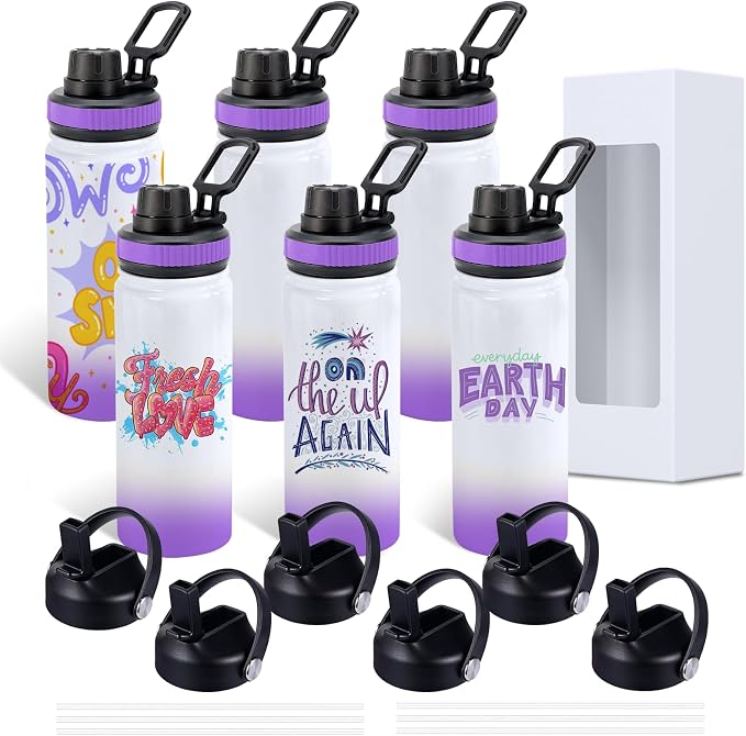 Sublimation Sports Water Bottle Blanks, 20oz Sublimation Tumblers Double Wall Stainless Steel Sublimation Cups with Wide Mouth Lid and Straw 6 Packs Purple