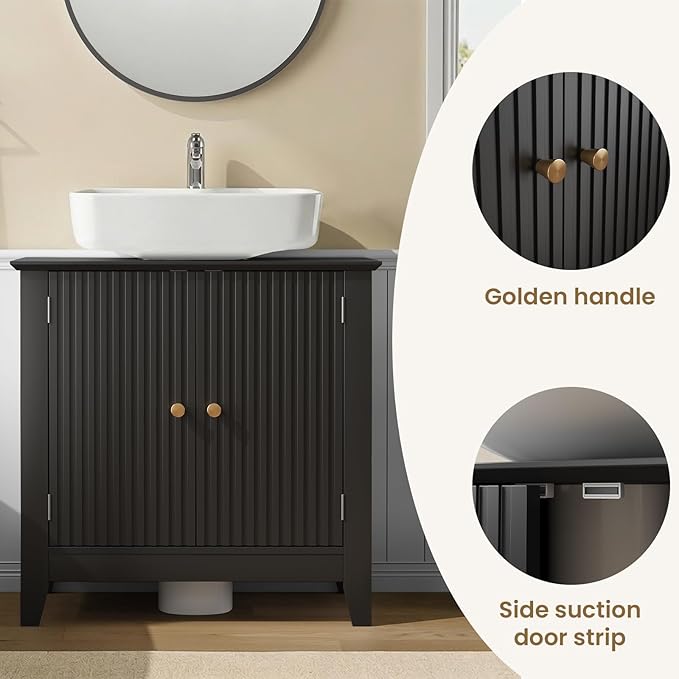 Under Sink Bathroom Cabinet with U-Shape Cutout for Pedestal Sink, Storage Cabinet with 2 Doors, Adjustable Shelf, Freestanding Floor Cabinet, Space-Saving Organizer for Bathroom (Black)