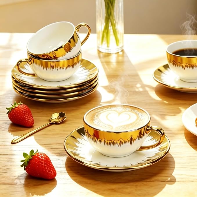 Cappuccino Cups with Saucers and Sakura Spoons, 8 oz Ceramic Espresso Cup Set of 4, Gold-Trim Coffee Cup Mugs for Latte, Tea, Kitchen or Café, Microwave and Dishwasher Safe