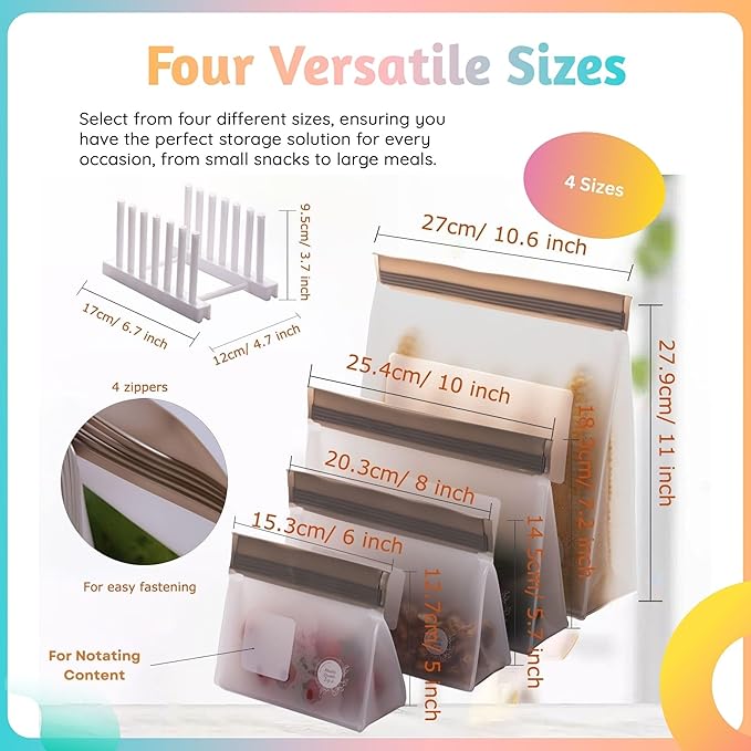 Reusable Food Storage Bags – 14-Pack Stand-Up, BPA-Free, Freezer, Dishwasher Safe & Eco-Friendly – 3 L, 8 M, 3 S Bags – Airtight Leakproof, Sandwich, Snack, and Meal Prep Baggies (Grey)
