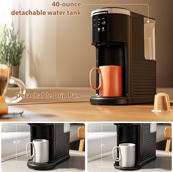 WAA Single Serve Coffee Maker, Fast Coffee Machine for Capsule & Ground Coffee, Coffee Brewer with Memory Function, 6 to 14 oz Brew Sizes, 40 oz Removable Water Tank for Home/Office/RV, Black
