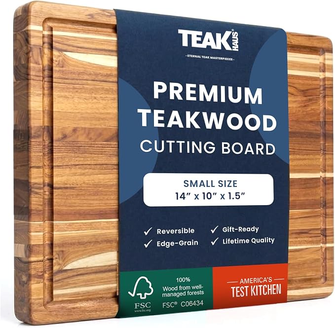 Teakhaus Carving Board with Juice Groove - Small (S) Teak Wood Cutting Board 14”L x 10”W x 1” Thick - Lightweight, Sustainably Harvested & FSC Certified - Knife Friendly with Beeswax Oil Finish