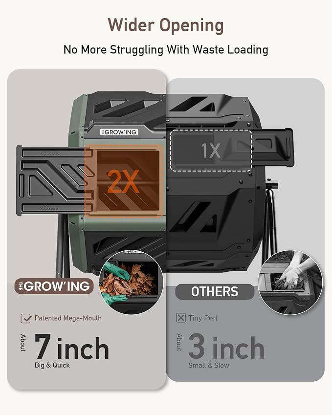 THE Growing 43 Gal Outdoor Compost Bin Tumbler for Backyard Garden, Green | Twin 21.5gal chambers match garden lawns. Pre-embedded nuts for fast setup. Durable resin deters pests and strong odors.