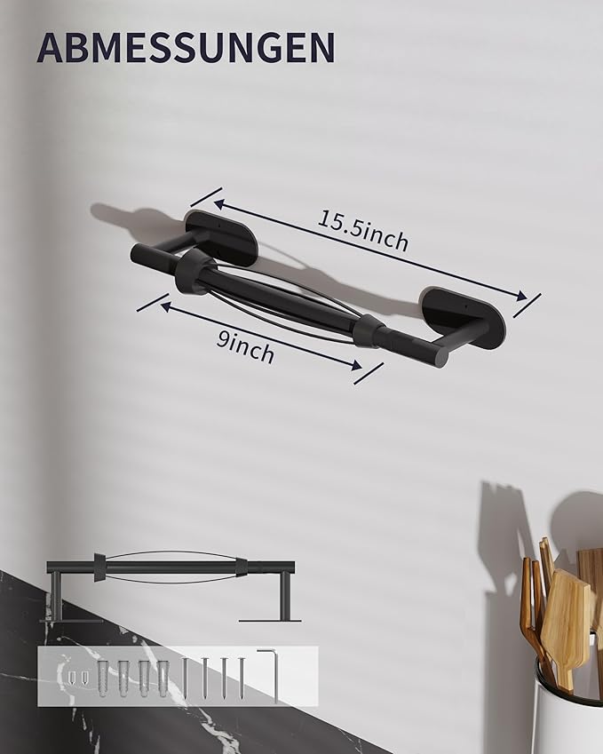 Paper Towel Holder Under Cabinet, Self Adhesive or Wall Mount for Kitchen Bathroom, Stainless Steel Paper Towel Holders with Damping Effect, Single Hand Operable (Matte Black)