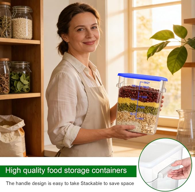 FoldTier 2 Pieces Square Food Storage Containers Polycarbonate Clear food Container with Lid Commercial Storage with Graduations for Commercial Kitchen Dough Marinating Meat(Blue,18 Qt)