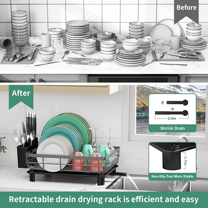 MOUKABAL Kitchen Organizer Set - Premium Dish Drying Rack (Black,Grey)