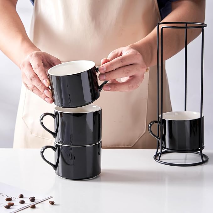 10oz Porcelain Stackable Coffee Mugs and Metal Stand Set of 4, Espresso Cups Set for Hot Drinks, Cappuccino, Tea-Black