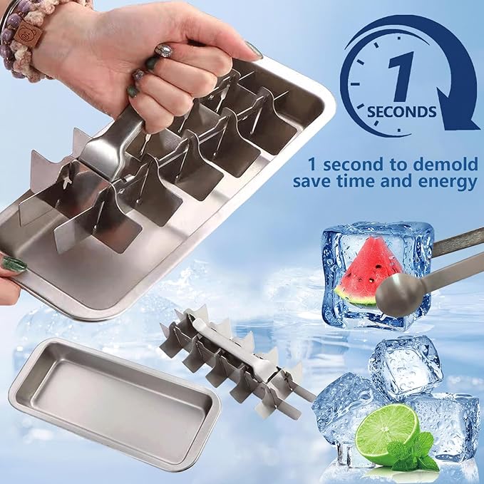 Stainless Steel Ice Cube Trays, Metal Ice Cube Trays for Freezer Vintage Inspired Design with Release Lever Remove Handle for Making Large Cubes Kitchen & Bar (2 pack)