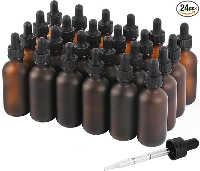NOOEEISS 24 Pack, 2oz Glass Dropper Bottle, Preety Texture Tincture Bottles with Precise Scales Eye Droppe, for All Kinds Of Mixed Liquids,Leak-Proof Design for Easy Travel (Amber Frosted)