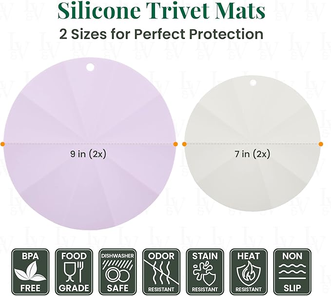 Larder & Vine Silicone Trivets for Hot Pots and Pans | Set of 4 Round Hot Pads for Kitchen | 7” & 9” Trivets for Hot Dishes | Heat-Resistant Silicone Mats for Kitchen Counter | Lavender/French Gray