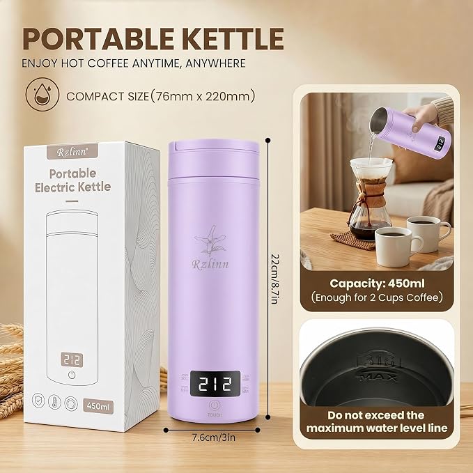 Portable Kettle (120V), Travel Kettle for Business Trips, 316-Grade Stainless Steel, 4 Temperature Settings, with Auto-Shutoff (Purple, 9.05 * 3.15)