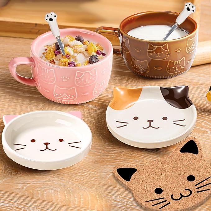 BigNoseDeer 2PCS Kawaii Cat Mug - Pink and Brown Ceramic Coffee Tea Cup with Lid, Saucer - Cool Preppy Gift for Cat Lovers, Christmas 10oz