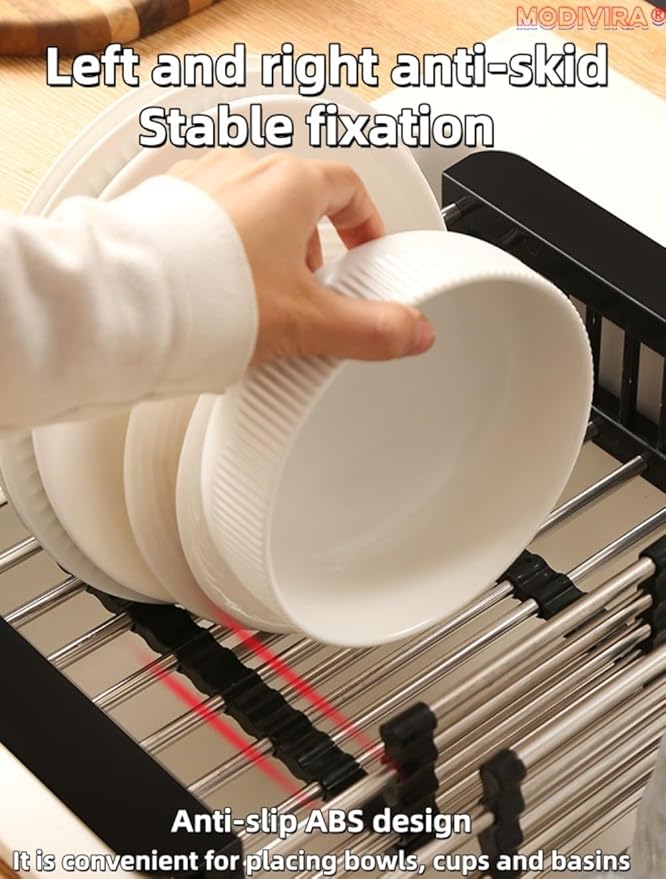 Kitchen Sink Drain Basket Adjustable Over Dish Drying Rack Stainless Steel Drain Basket for Vegetables Fruits Plates Fruits (Black,Small)