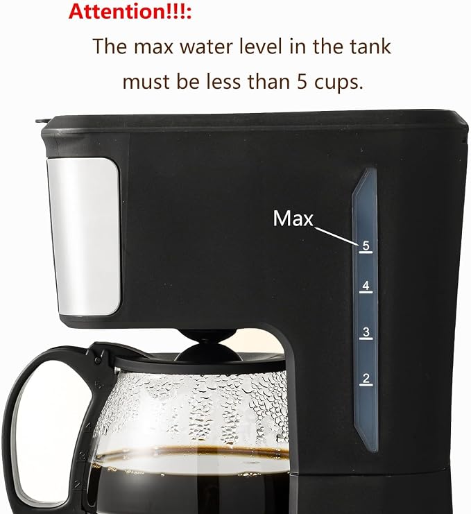 5-Cup Programmable Coffee Maker - Reusable Filter, Clear Water Level Indicator, Auto Shut- Off, Black &Stainless Steel Coffee Pot