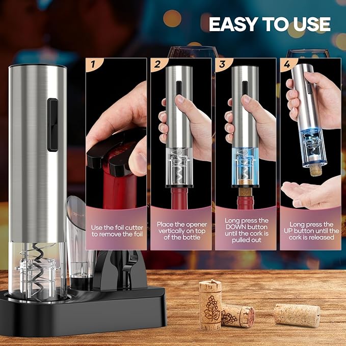 Crenova Electric Wine Opener, Rechargeable Wine Bottle Opener, Automatic Corkscrew with Vacuum Stopper, Aerator Pourer, Foil Cutter, Display Base, Gifts for Valentines Day New Home Wedding Birthday