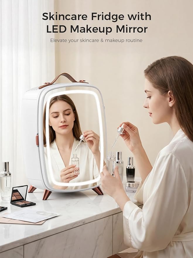 COWSAR Mini Fridge for Bedroom with Dimmable LED Light Mirror, 6 L/8 Can Skincare Fridge with Top Leather Handle, Portable Small Refrigerator for Cosmetic, Beverage and Food, Dorm, Office, Pearl White