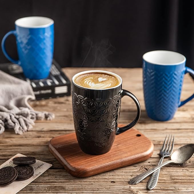 AmorArc Large Coffee Mugs Set of 6, 16oz Ceramic Tall Coffee Mugs Set with Textured Geometric Patterns for Latte/Tea/Beer/Hot Cocoa, Dishwasher & Microwave Safe, Black&Blue