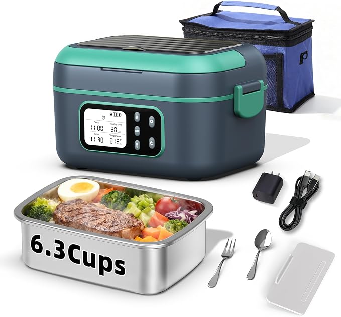 6.3 Cups Cordless Electric Lunch Box for Adults, 100W Rechargeable Battery Powered Automatic Scheduled Heated Lunchbox, Rapid Heating Portable Food Warmer BPA Free for Hot Meals Anywhere